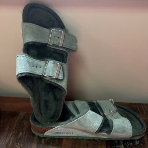 Birkenstock Arizona Shearling Lined Fur Teal Blue Womens Size 41 US 10 NWT